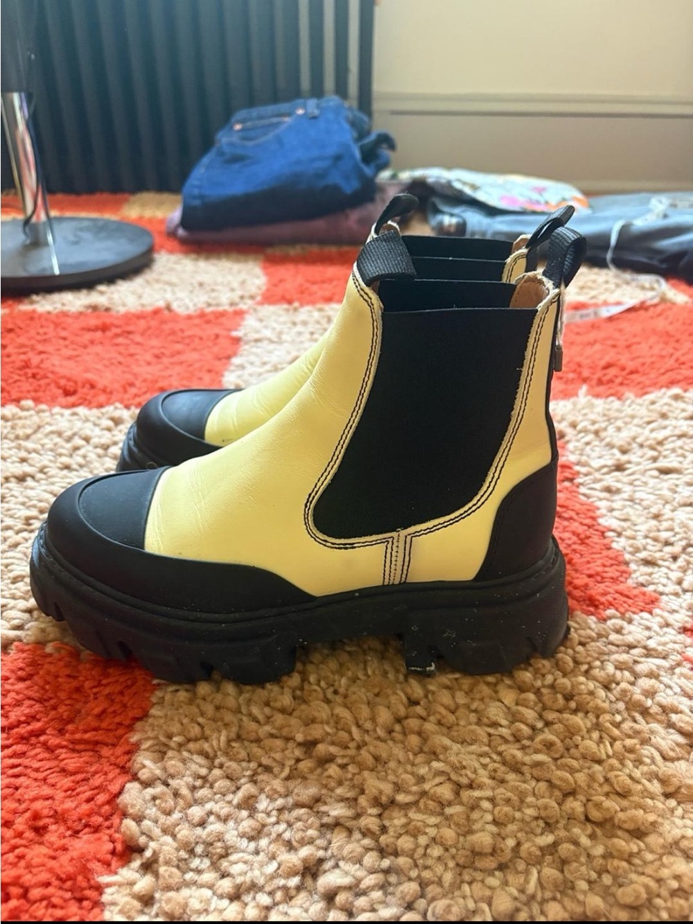 Ganni Butter Yellow and Black Chelsea Boots